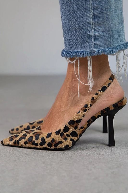 Maria | Kakifärgade Stilettklackar med Spetsiga Tå och Leopardmönstrade Slingbacks