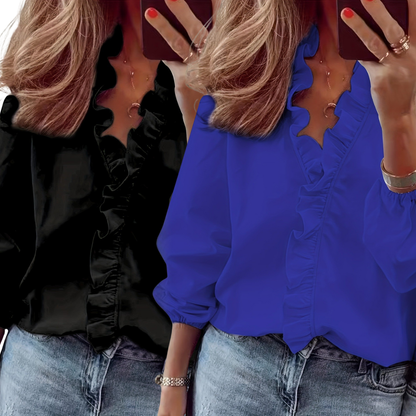 LORELEI™ - Tidlös V-ringad blus med volanger för avslappnad elegans