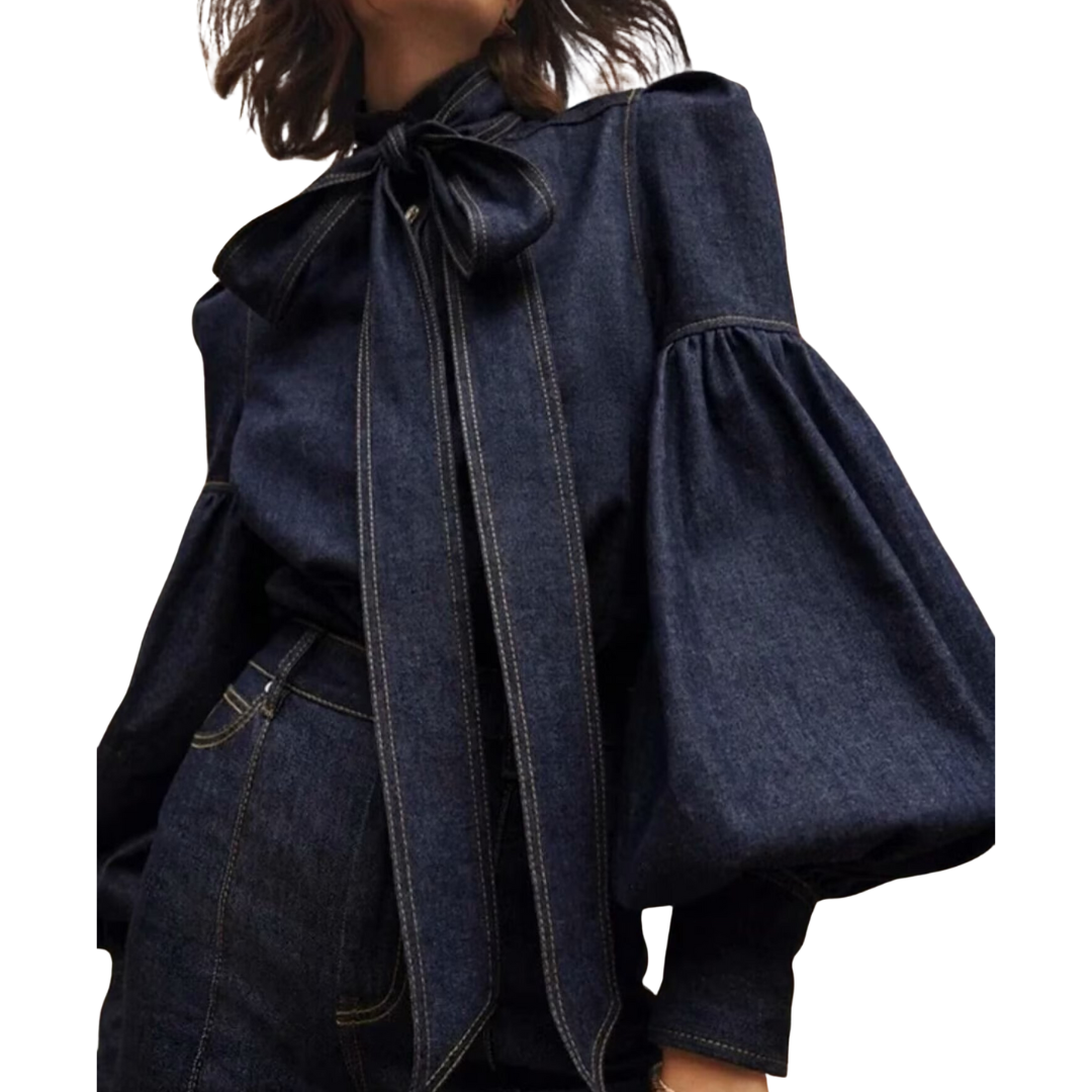 LUCY™ - Elegant, avslappnad långärmad topp med knytning i halsen för kvinnor