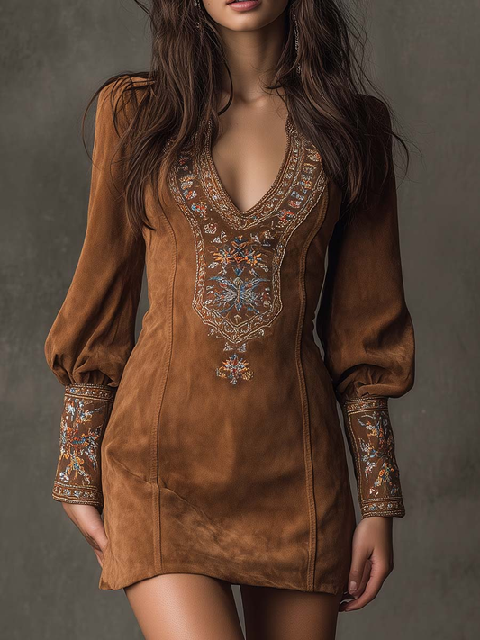 Izolda Vintage Brun V-ringad Mocka Broderad Miniklänning