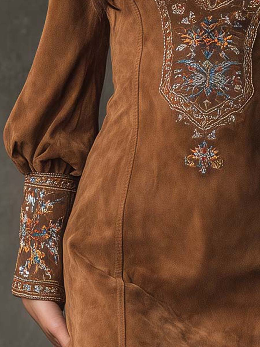 Izolda Vintage Brun V-ringad Mocka Broderad Miniklänning