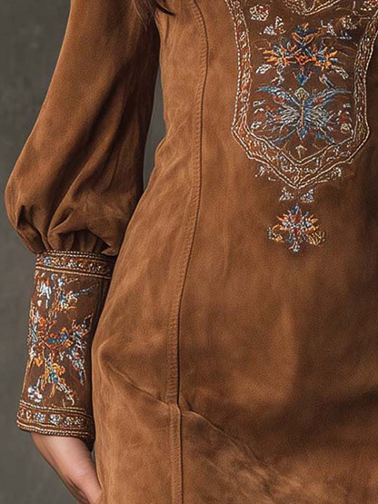 Izolda Vintage Brun V-ringad Mocka Broderad Miniklänning