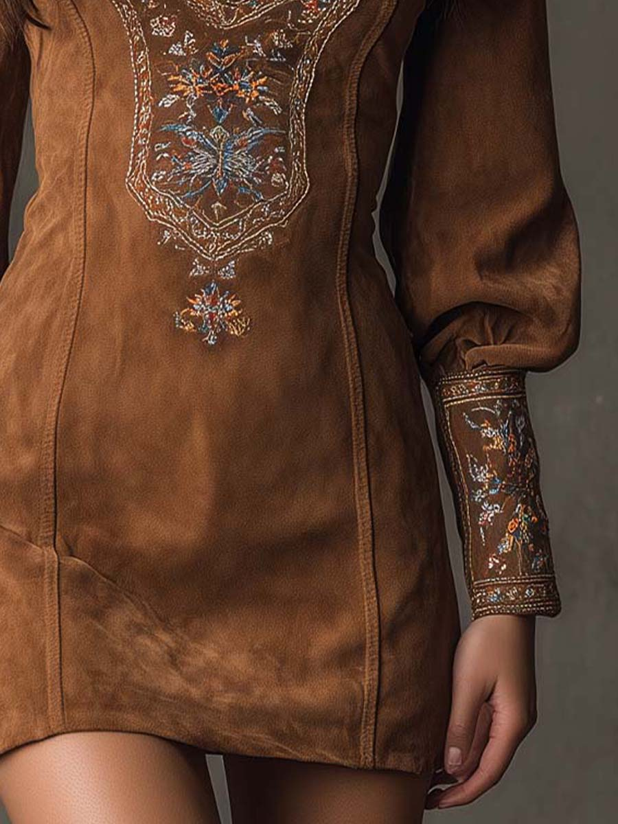 Izolda Vintage Brun V-ringad Mocka Broderad Miniklänning