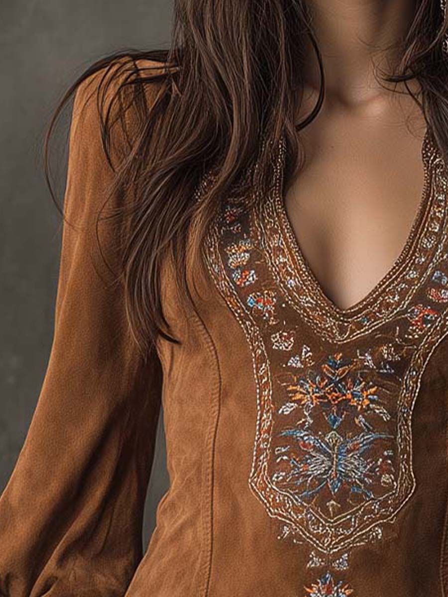 Izolda Vintage Brun V-ringad Mocka Broderad Miniklänning