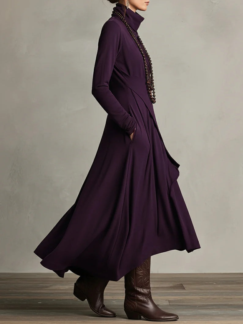 Lonnie | Elegant Asymmetrisk Draperad Maxiklänning med Hög Hals
