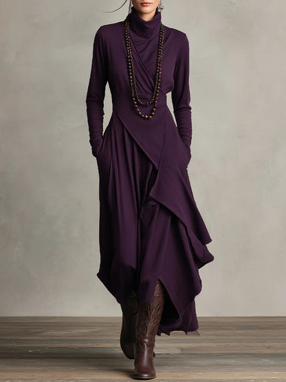Lonnie | Elegant Asymmetrisk Draperad Maxiklänning med Hög Hals