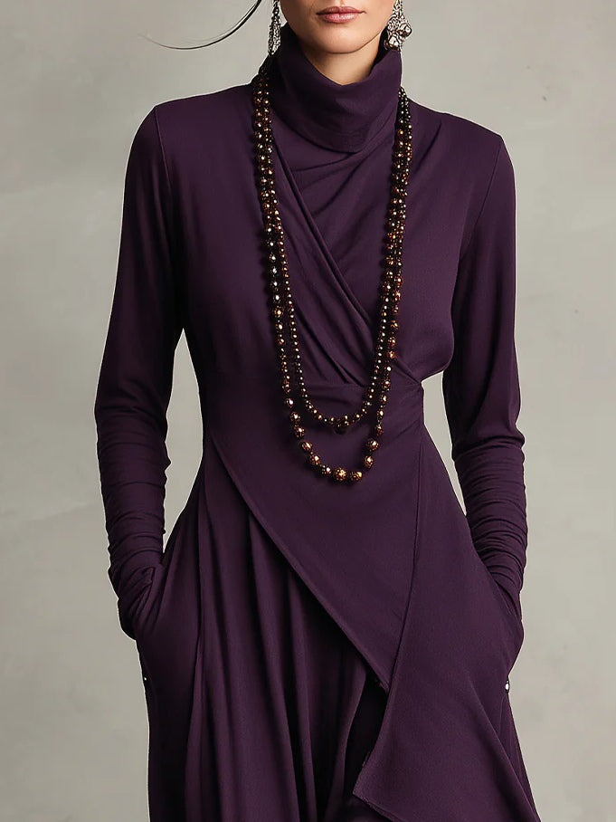 Lonnie | Elegant Asymmetrisk Draperad Maxiklänning med Hög Hals
