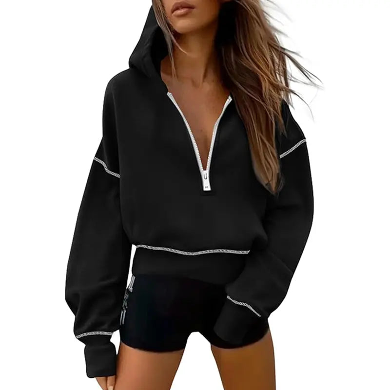 GRETEL™ - Snygg huvtröja med dragkedja och sömmar för kort pullover