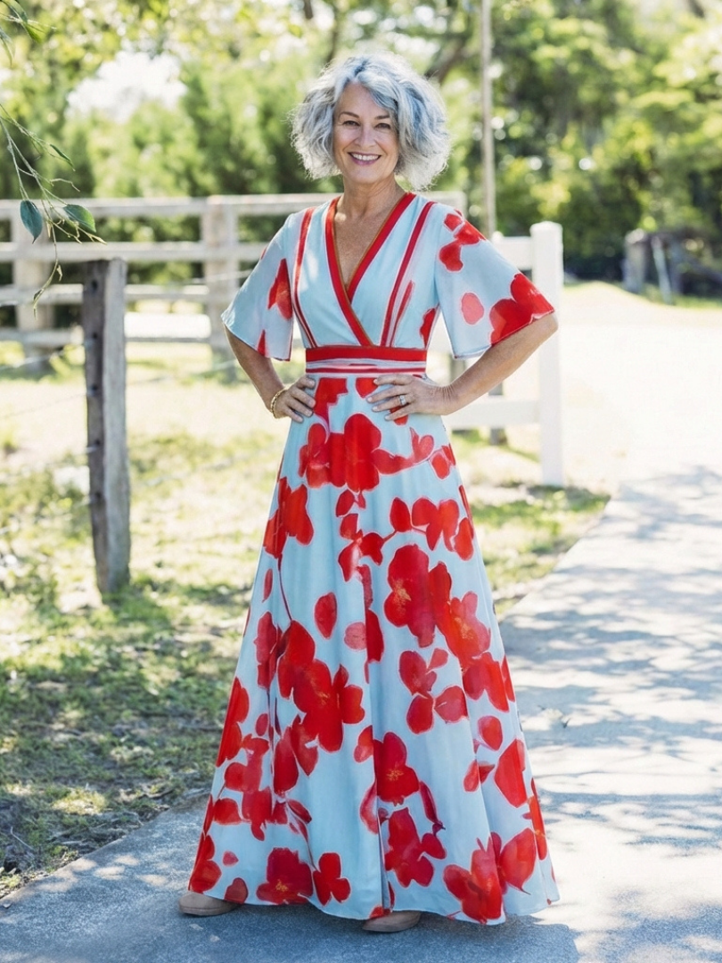 Corinne - V-ringad kortärmad blommig maxiklänning